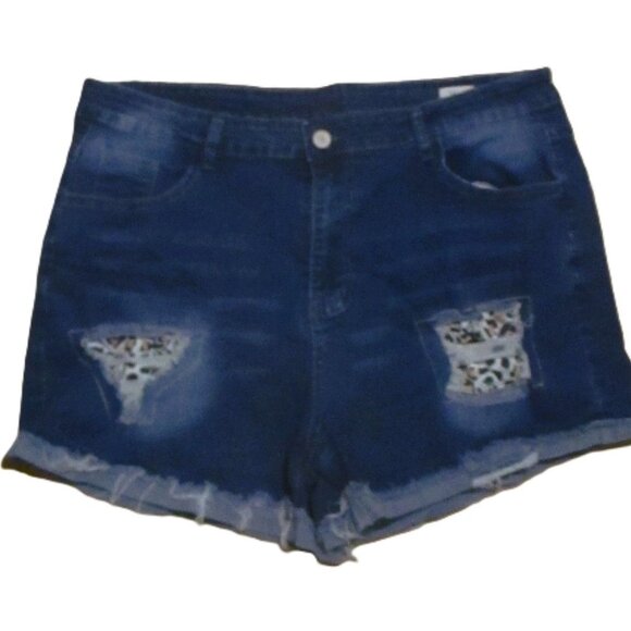 Distressed Denim Shorts With Leopard Print Patches Frayed Hem 3XL Blue - Picture 1 of 5
